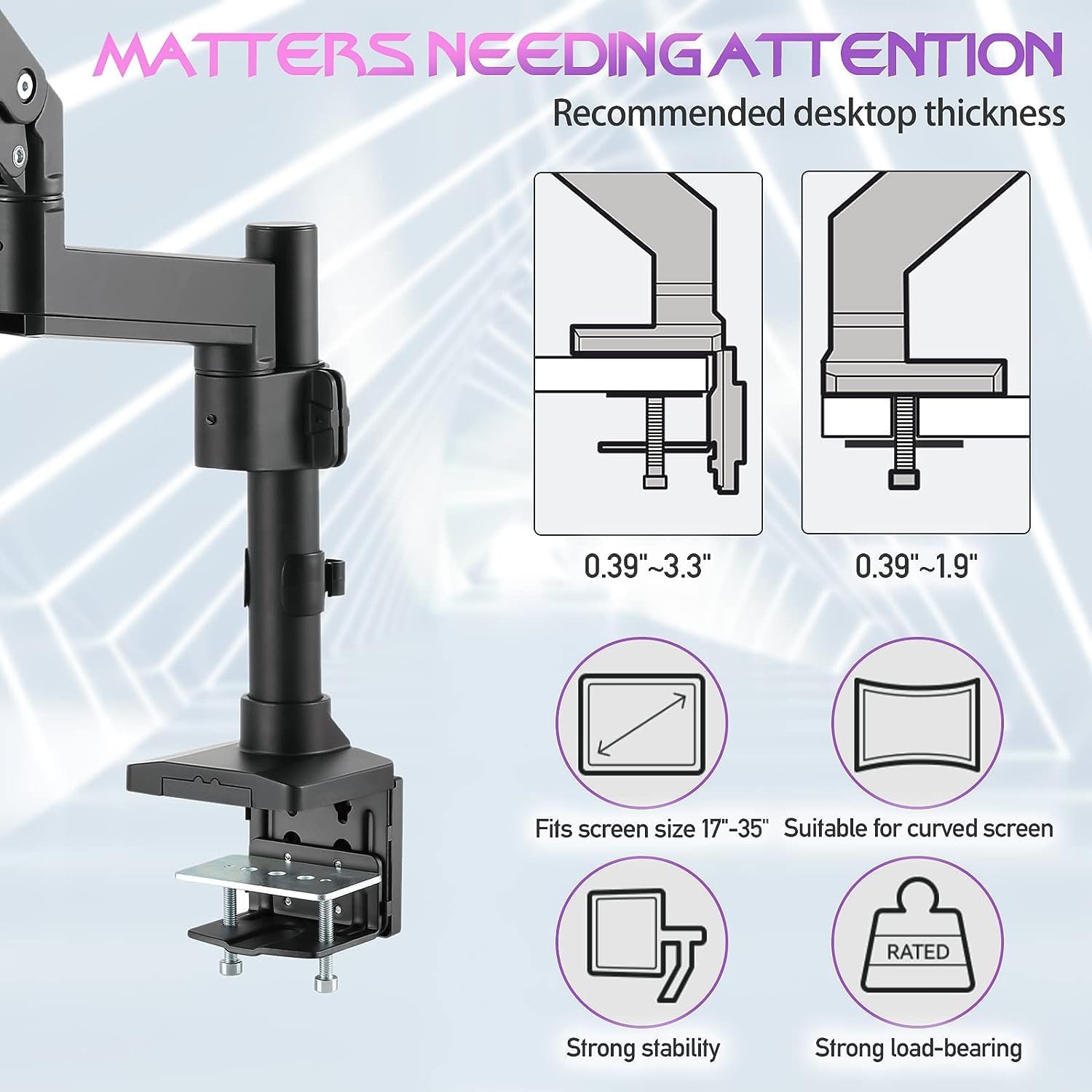 GAMEON GO-2083 Pole-Mounted Aluminum Heavy-Duty Spring-Assisted Single Monitor Arm For Gaming And Office Use, 17 GAMEON GO-2083 Pole-Mounted Aluminum Heavy-Duty Spring-Assisted Single Monitor Arm For Gaming And Office Use, 17
